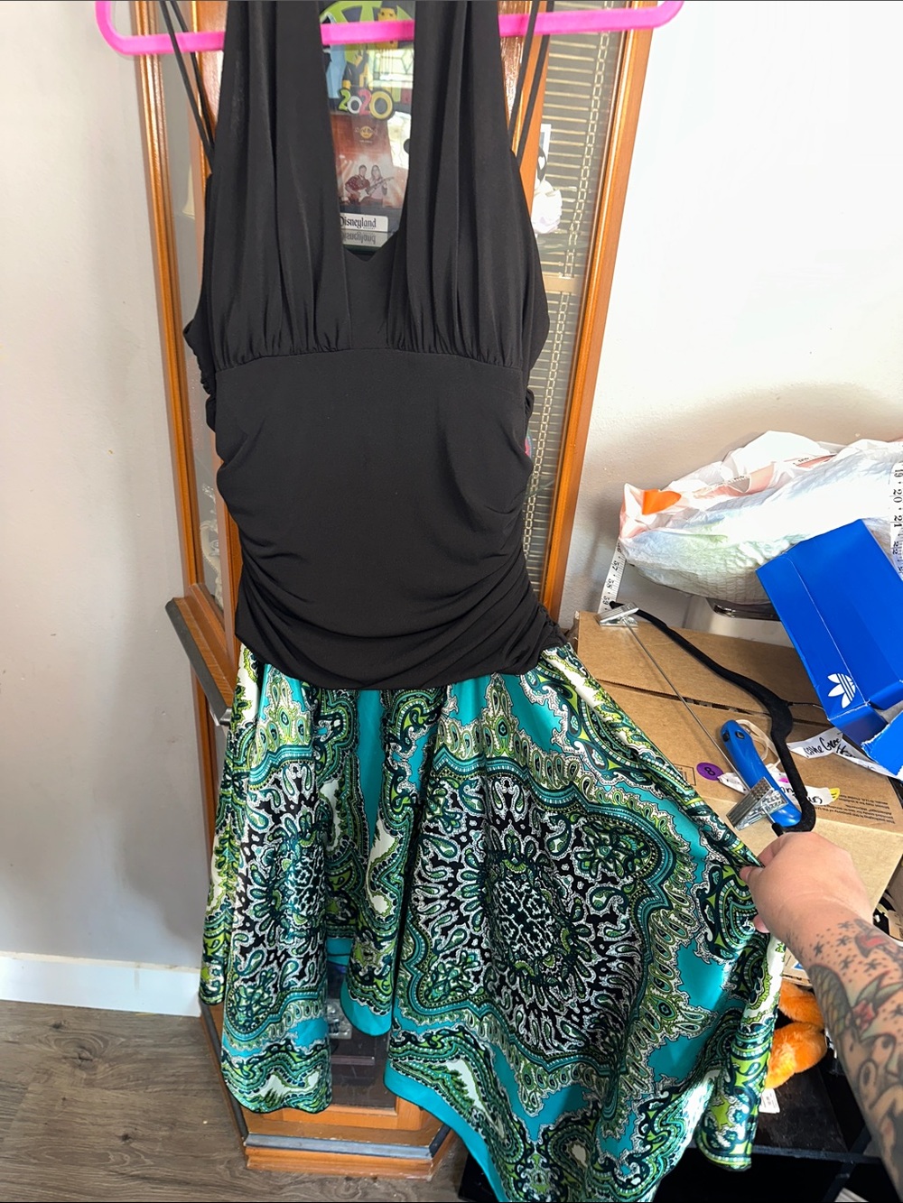 I.N. Studio Black Halter Dress with Teal and Green Paisley Skirt